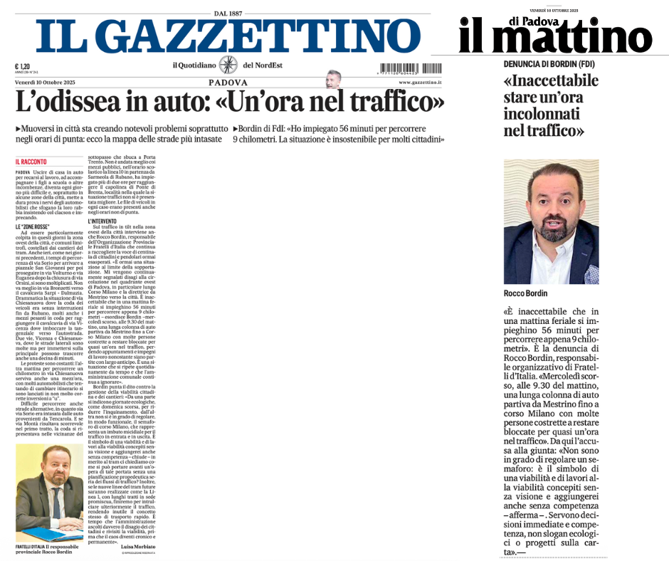 Dopo le numerose segnalazioni dei cittadini, sono tornato sul tema traffico e viabilità, ripreso da Mattino e dal Gazzettino. I disagi di mercoledì hanno messo in luce criticità che non possono più essere ignorate: servono ascolto, pianificazione e risposte concrete. Dopo le numerose segnalazioni dei cittadini, sono tornato sul tema traffico e viabilità, ripreso da Mattino e dal Gazzettino. I disagi di mercoledì hanno messo in luce criticità che non possono più essere ignorate: servono ascolto, pianificazione e risposte concrete.